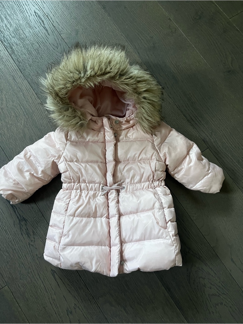 Gap baby Pink Puffer Winter Coat with Faux Fur Hood